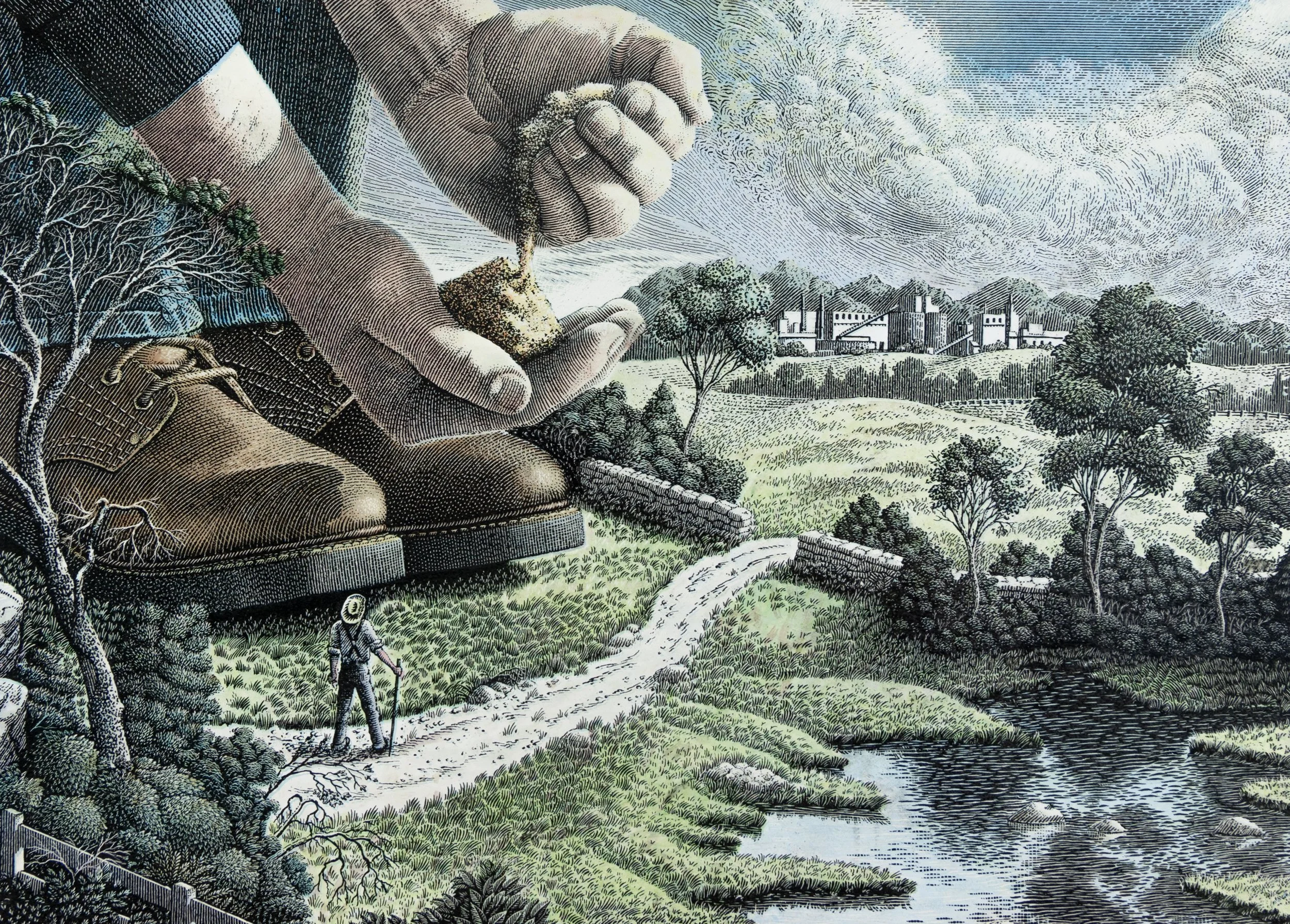 Scratchboard with color of a giant farmer standing in his field